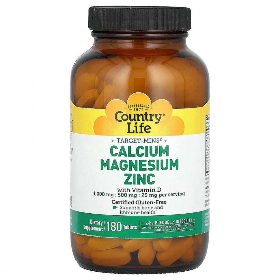   Country Life, Target-Mins, Calcium Magnesium Zinc with Vitamin D, 180 Tablets   -     , -,   