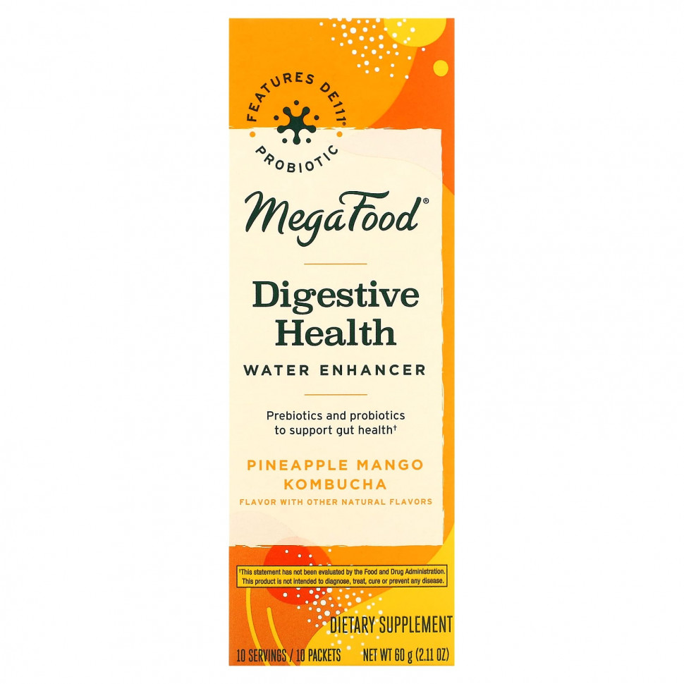   MegaFood, Digestive Health Water Enhancer, Pineapple Mango Kombucha, 10 Packets, 0.21 oz (6 g) Each   -     , -,   