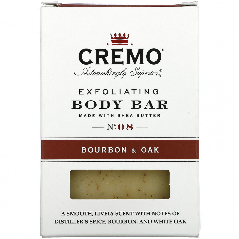  Cremo, Exfoliating Body Bar, No 8, Made with Shea Butter, Bourbon & Oak, 6 oz (170 g)   -     , -,   