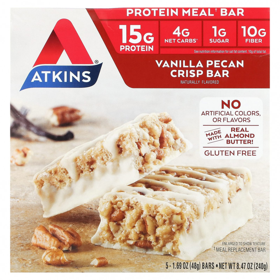   Atkins, Protein Meal Bar, Vanilla Pecan Crisp Bar, 5 Bars, 1.69 oz (48 g) Each   -     , -,   