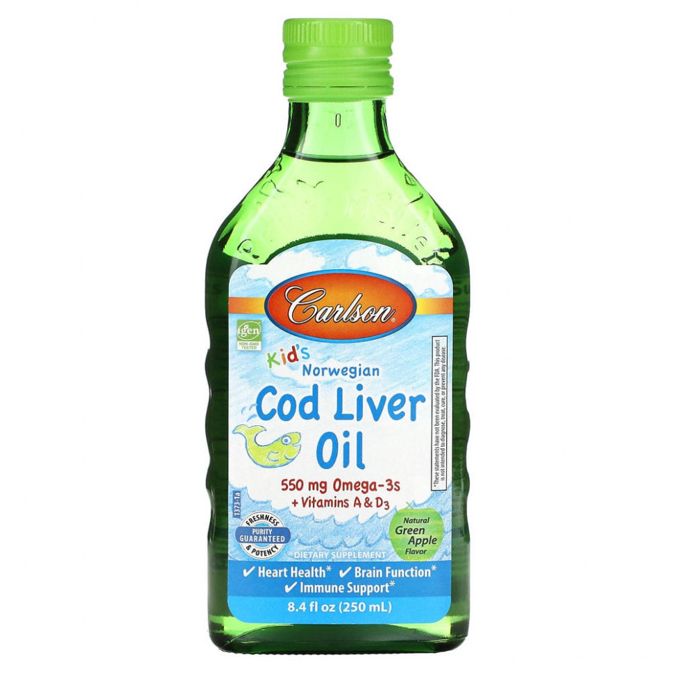   Carlson, Kids Cod Liver Oil, Natural Green Apple , 550 mg, 8.4 fl oz (250 ml)   -     , -  