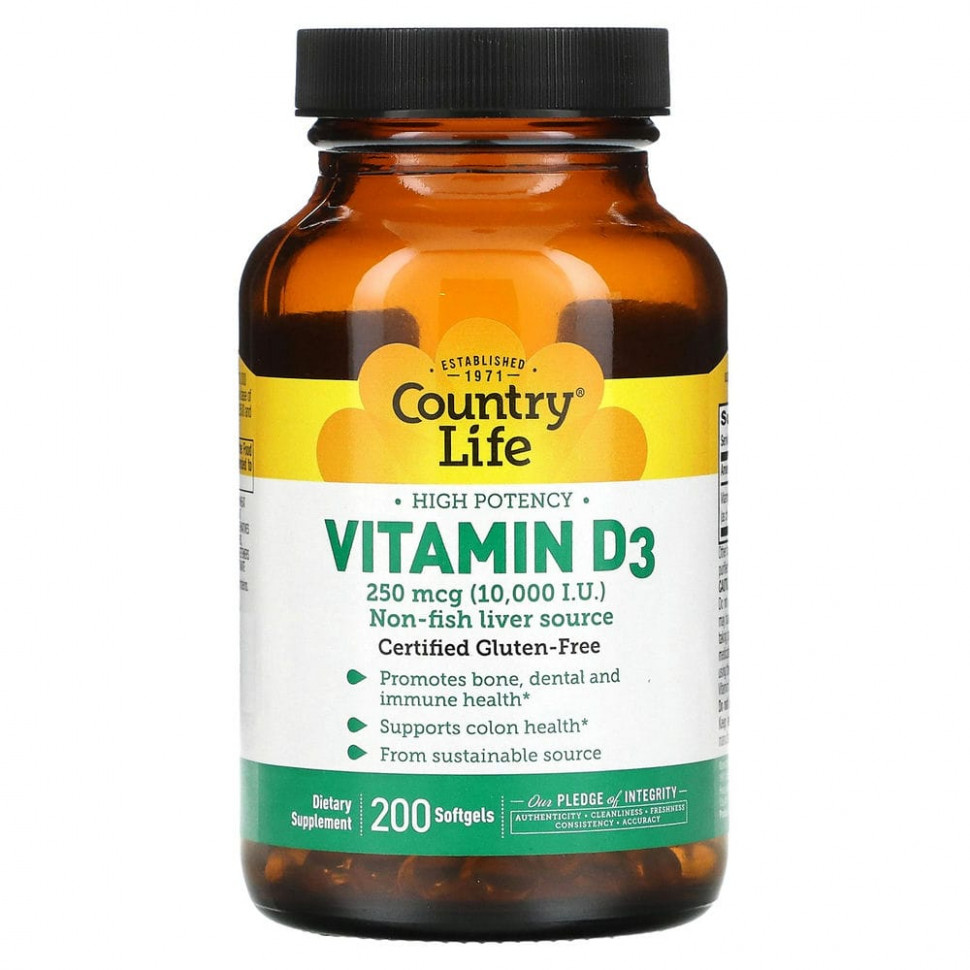   Country Life, Vitamin D3, High Potency, 250 mcg (10,000 IU), 200 Softgels   -     , -,   