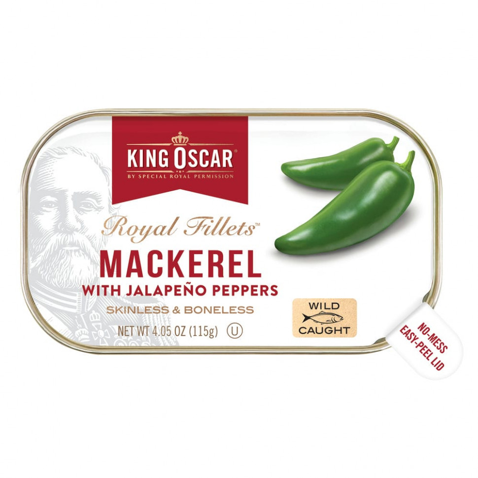   King Oscar, Royal Fillets, Mackerel With Jalapeno Peppers, 4.05 oz ( 115 g)   -     , -  