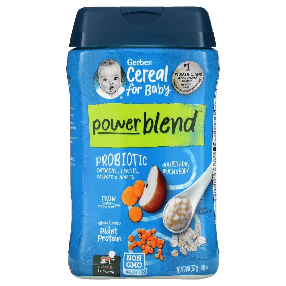   Gerber, Powerblend Cereal for Baby, Probiotic Oatmeal, Lentil, Carrots & Apples, Crawler, 8+ Months, 8 oz (227 g)   -     , -  