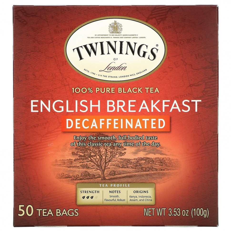   Twinings, English Breakfast, Decaffeinated, 50 Tea Bags, 3.53 oz (100 g)   -     , -  