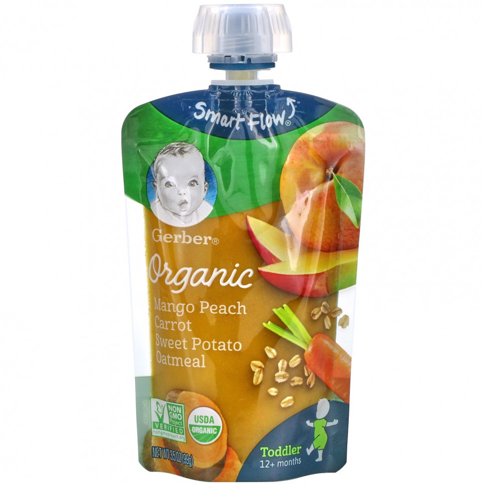   Gerber, Organic Mango, Peach, Carrot, Sweet Potato, Oatmeal, Toddler, 12+ Months, 3.5 oz (99 g)   -     , -  