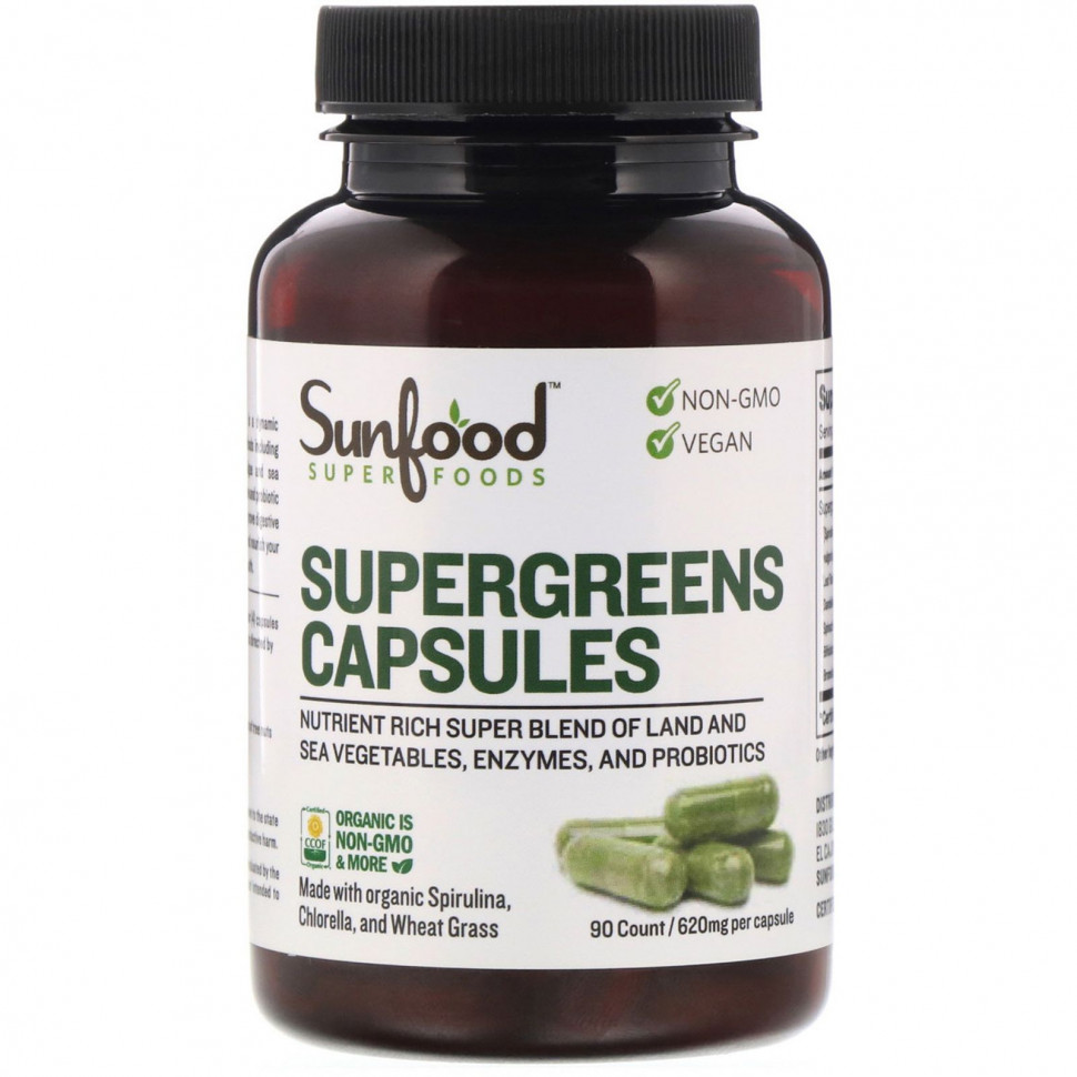   Sunfood, Supergreens Capsules, 155 mg, 90 Count   -     , -  