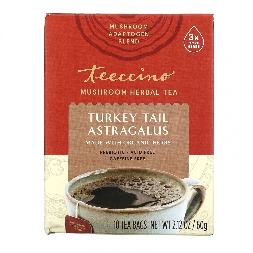   Teeccino, Mushroom Herbal Tea, Turkey Tail Astragalus, 10 Tea Bags, 2.12 oz (60 g)   -     , -  