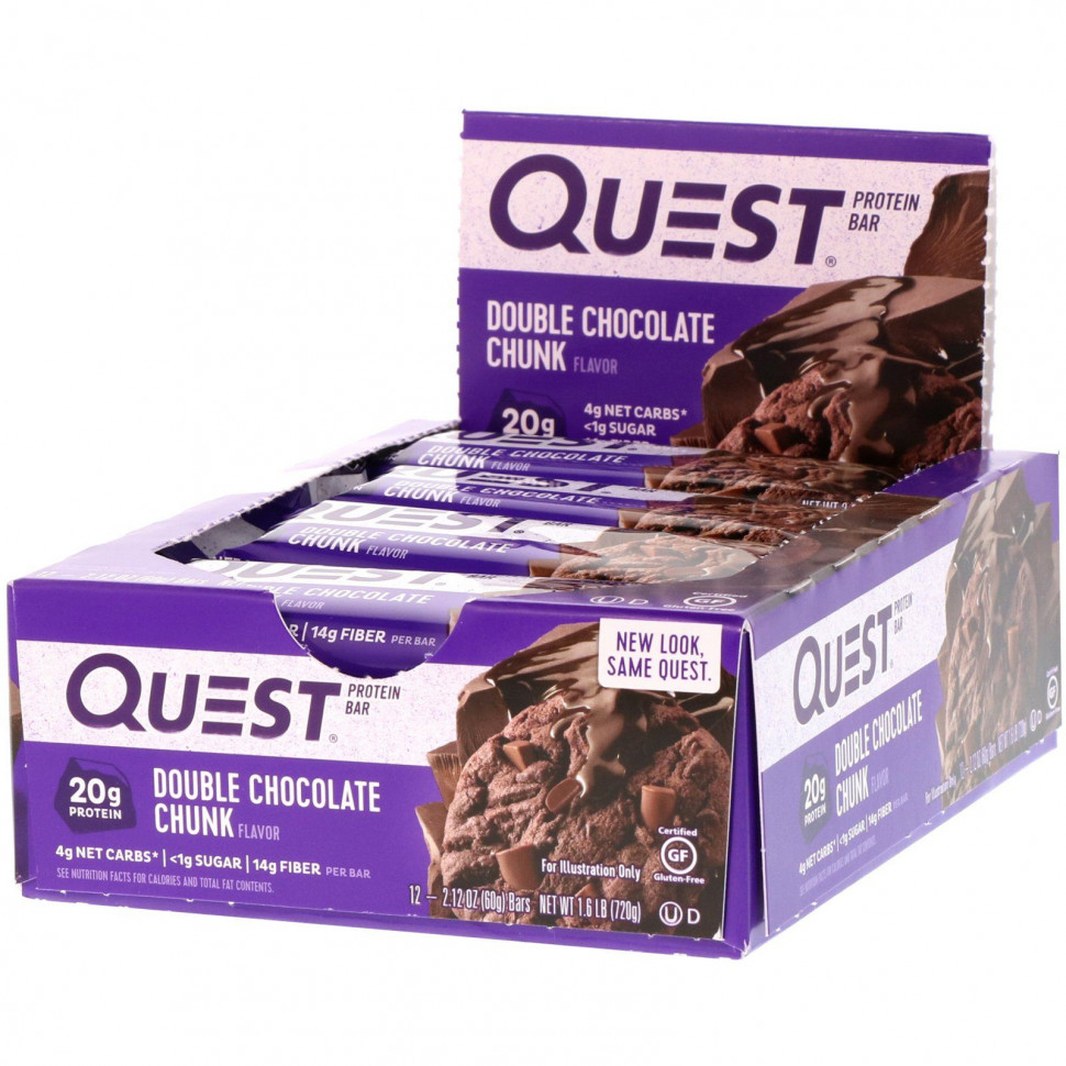   Quest Nutrition, QuestBar, Protein Bar, Double Chocolate Chunk, 12 Bars, 2.12 oz (60 g) Each   -     , -  