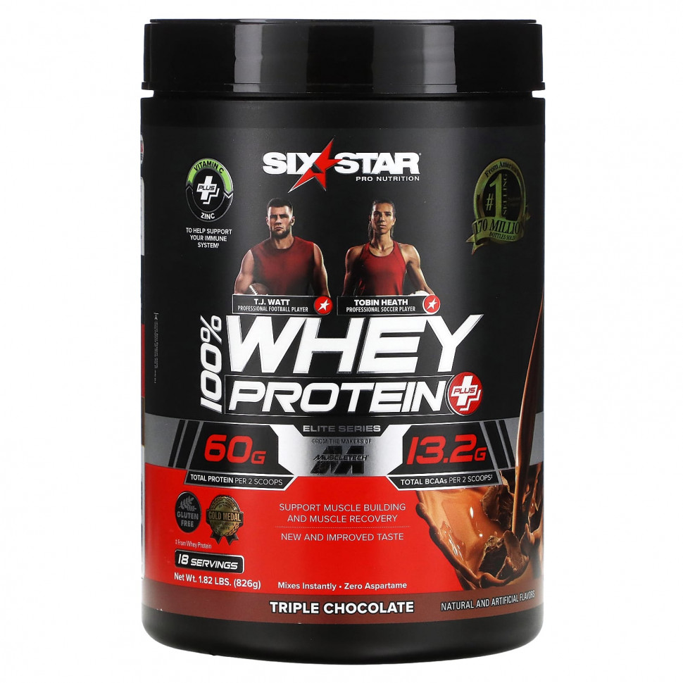   SIXSTAR, Elite Series, 100% Whey Protein Plus, Triple Chocolate, 1.82 lbs (826 g)   -     , -  