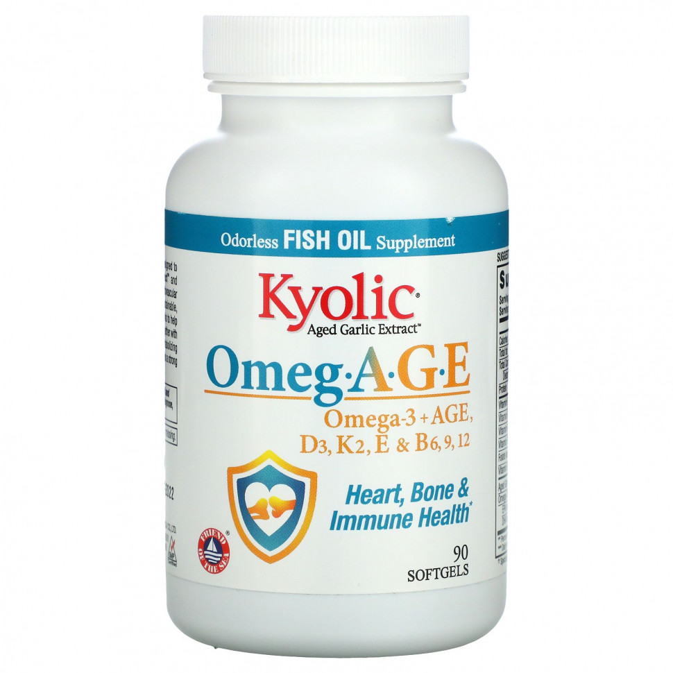   Kyolic, Omeg.AGE, -3  , D3, K2, E  B6, 9, 12, Heart, Bone & Immune Health, 90     -     , -  