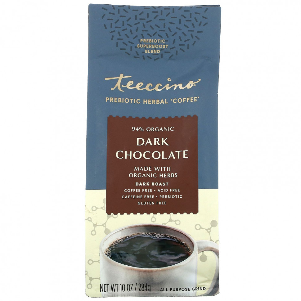   Teeccino, Prebiotic Herbal Coffee, Dark Roast, Caffeine Free, Dark Chocolate, 10 oz (284 g)   -     , -,   