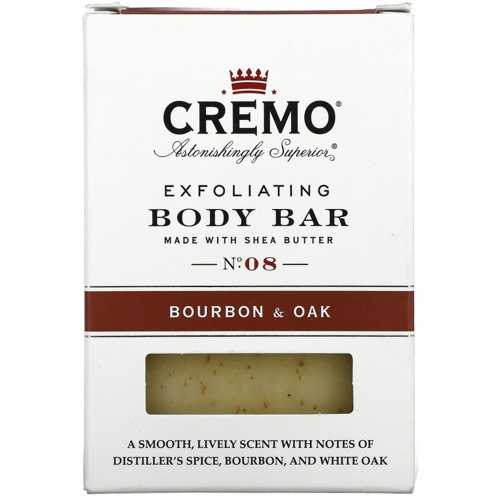   Cremo, Exfoliating Body Bar, No 8, Made with Shea Butter, Bourbon & Oak, 6 oz (170 g)   -     , -  