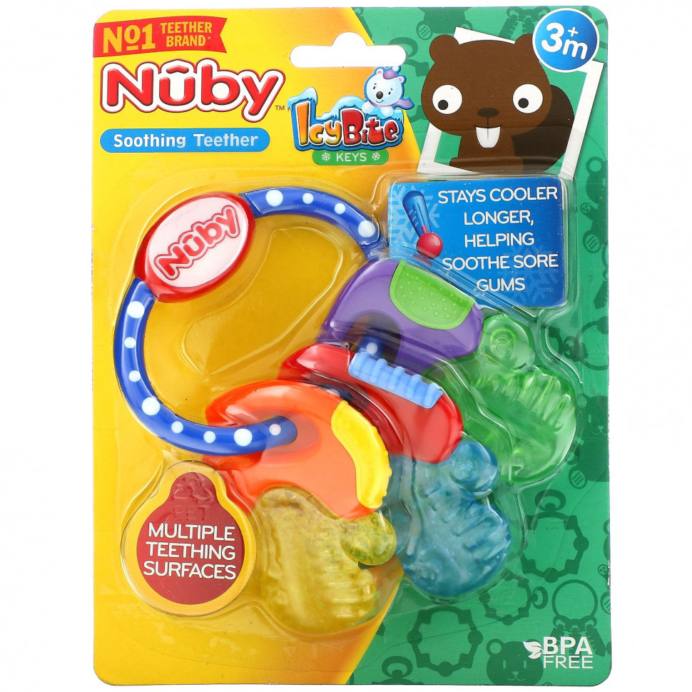   Nuby, Soothing Teether, Icy Bite Keys, Blue, 3+ M, 1 Piece   -     , -  