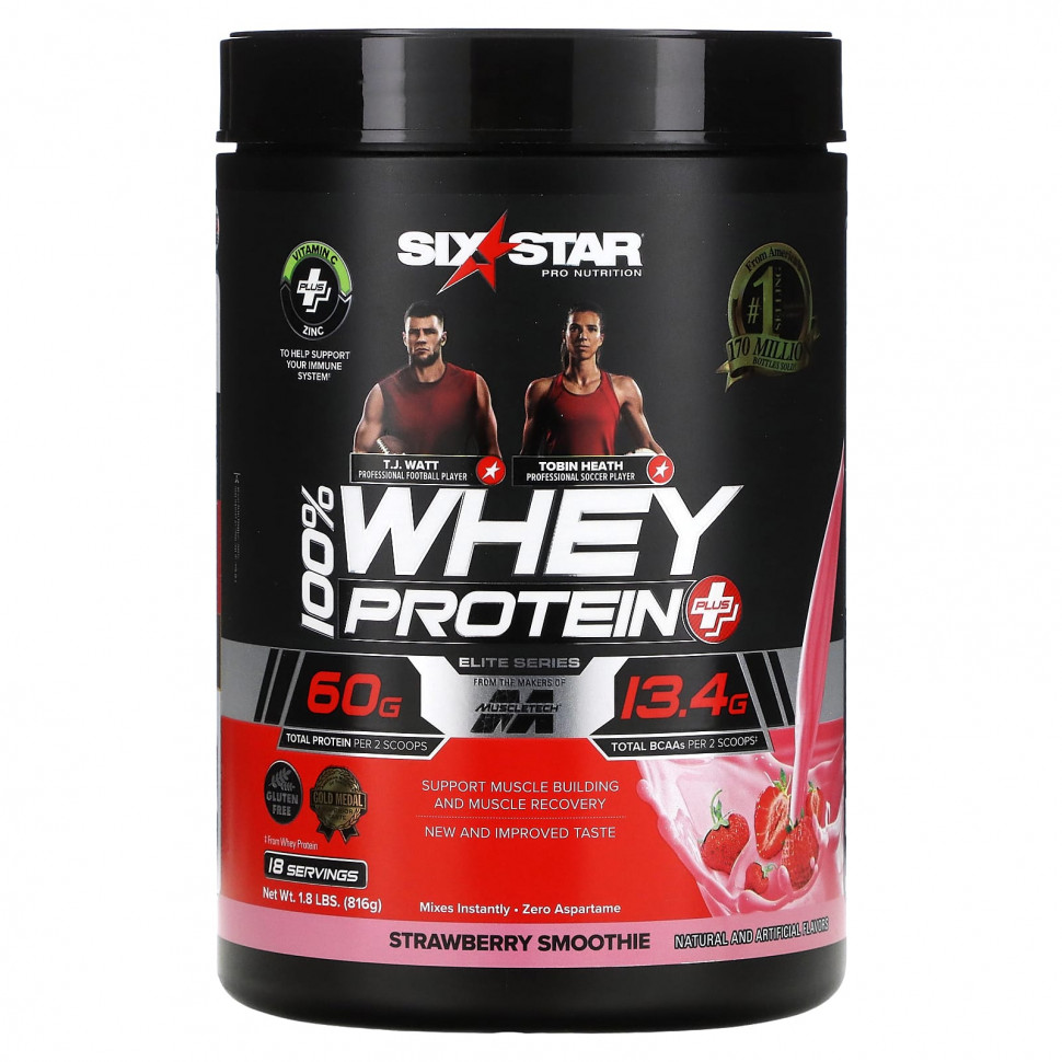   SIXSTAR, Elite Series, 100% Whey Protein Plus, Strawberry Smoothie, 1.8 lbs (816 g)   -     , -  