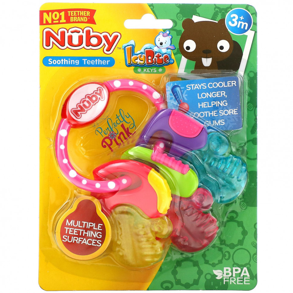   Nuby, Soothing Teether, Icy Bite Keys, 3+ Months, Perfectly Pink, 1 Count   -     , -  