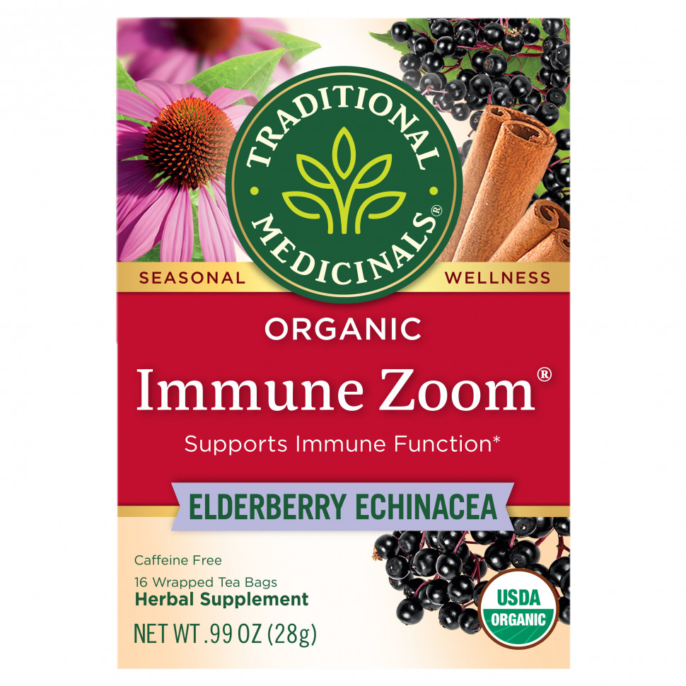   Traditional Medicinals, Organic Immune Zoom, Elderberry Echinacea, Caffeine Free, 16 Wrapped Tea Bags, 0.06 oz (1.75 g) Each   -     , -  