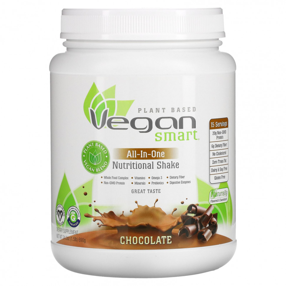   VeganSmart, All-In-One Nutritional Shake, Chocolate, 24.3 oz (690 g)   -     , -  