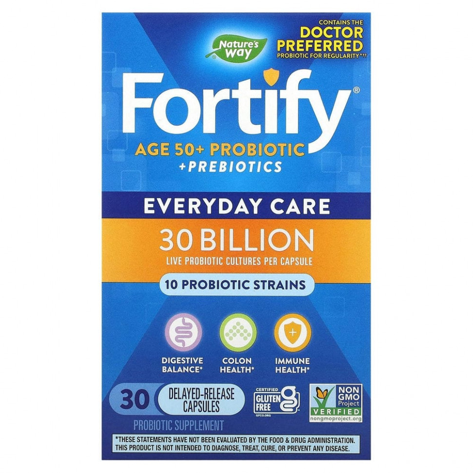   Nature's Way, Fortify, Age 50+ Probiotic + Prebiotics, Everyday Care, 30 Billion, 30 Delayed-Release Veg. Capsules   -     , -  