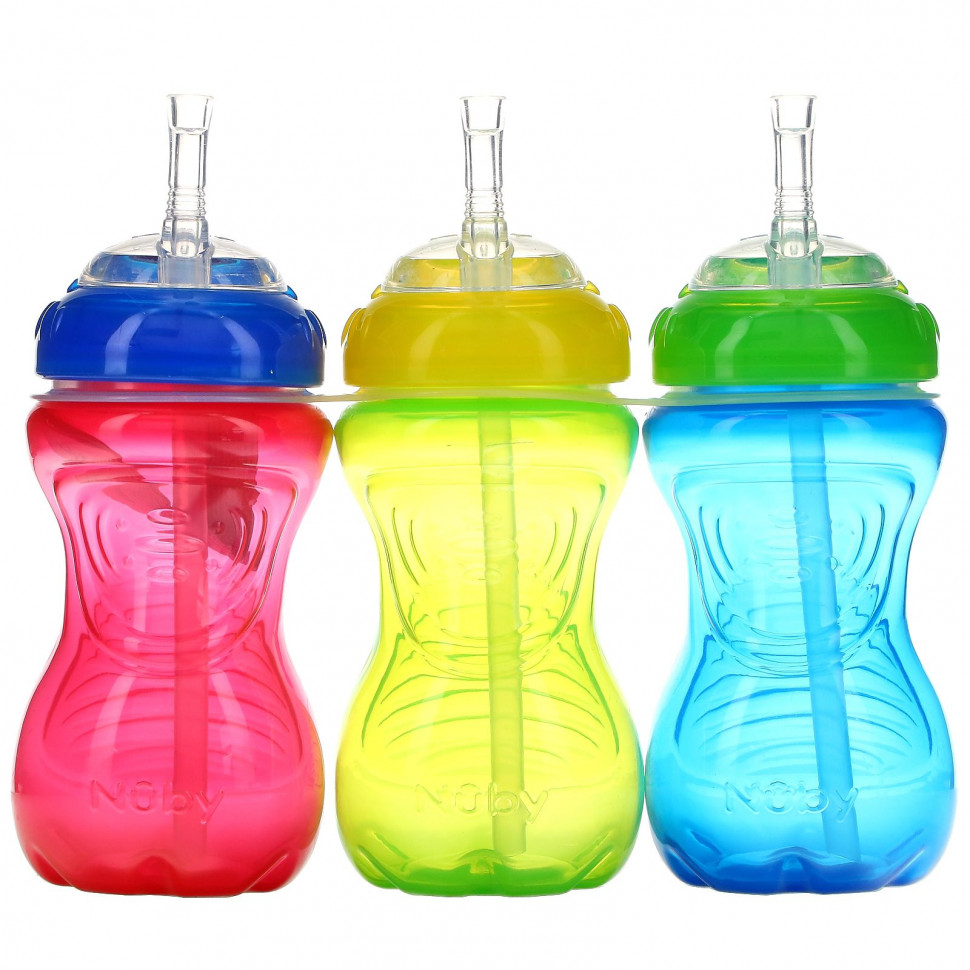   Nuby, No Spill Flex Straw Cups, 12+ M, 3 Pack, 10 oz (300 ml) Each   -     , -,   