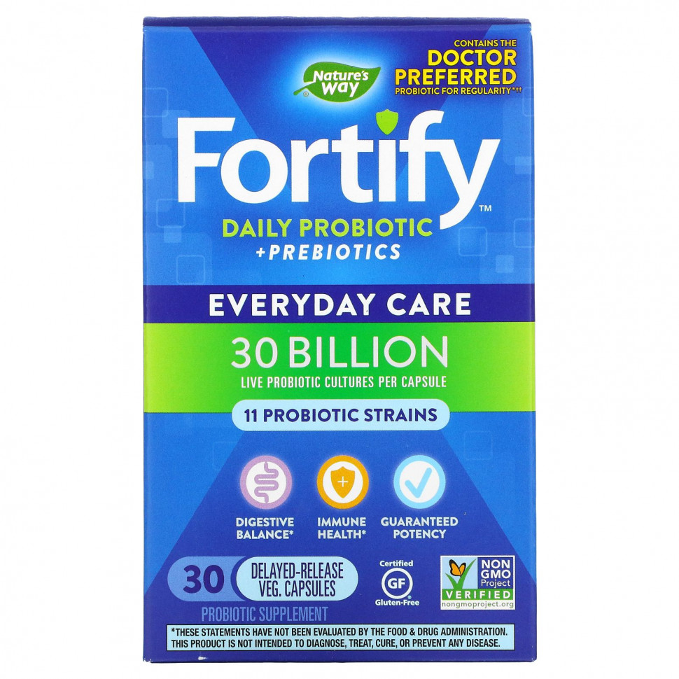   Nature's Way, Fortify, Daily Probiotic + Prebiotics, Everyday Care, 30 Billion CFU, 30 Delayed-Release Veg. Capsules   -     , -  