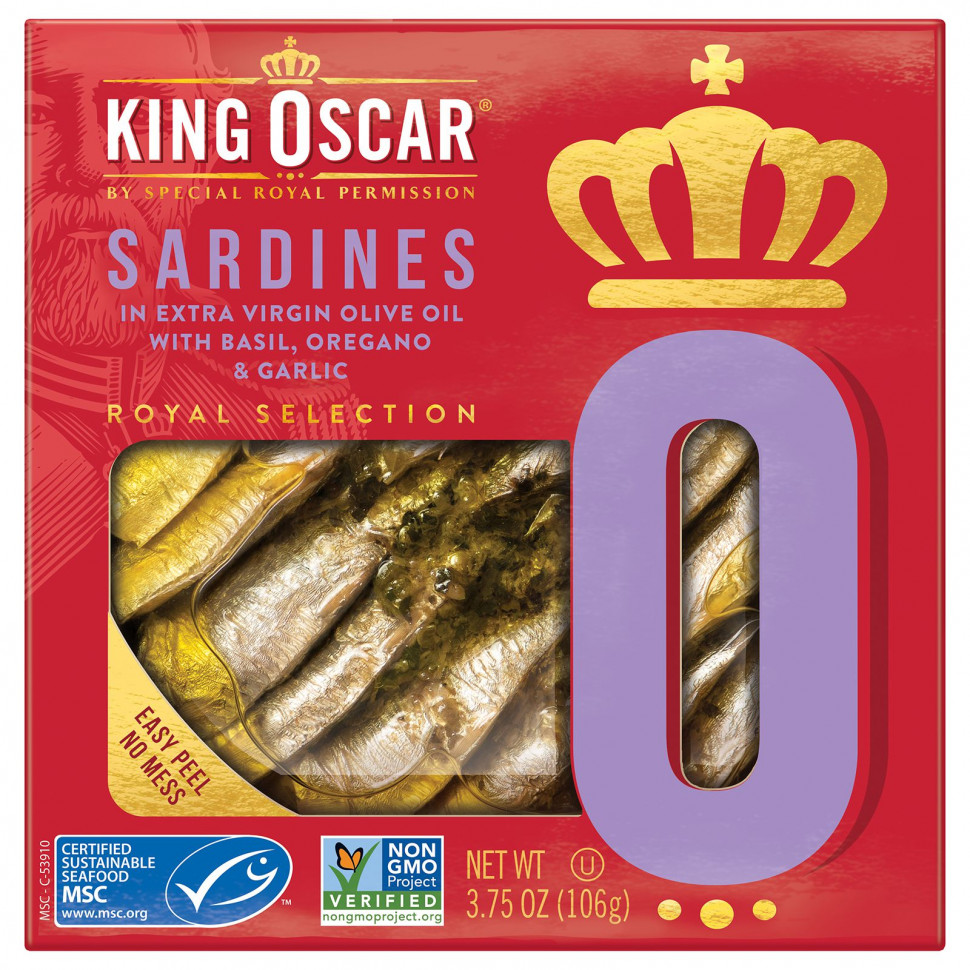   King Oscar, Sardines In Extra Virgin Olive Oil with Basil, Oregano & Garlic, 3.75 oz ( 106 g)   -     , -  