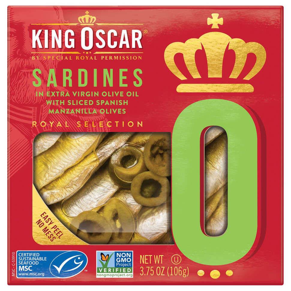   King Oscar, Sardines In Extra Virgin Olive Oil With Sliced Spanish Manzanilla Olives, 3.75 oz ( 106 g)   -     , -  