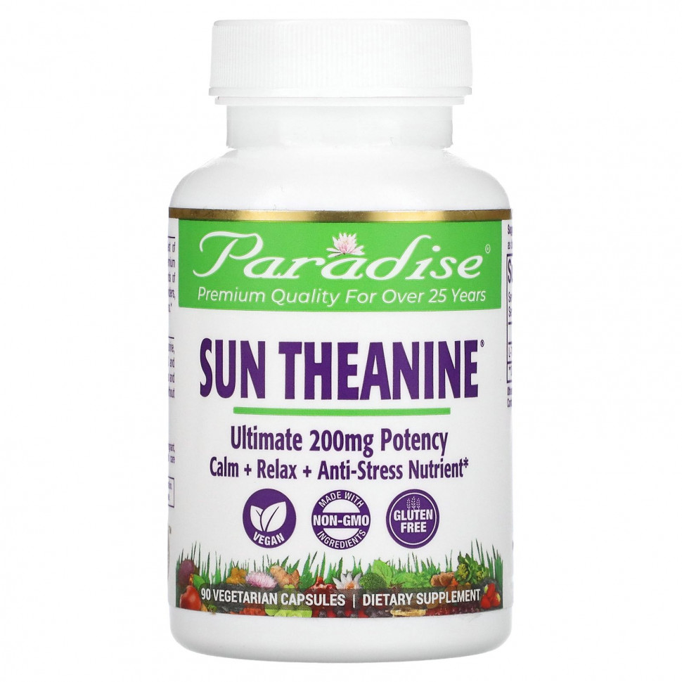   Paradise Herbs, Sun Theanine, 200 mg, 90 Vegetarian Capsules   -     , -  