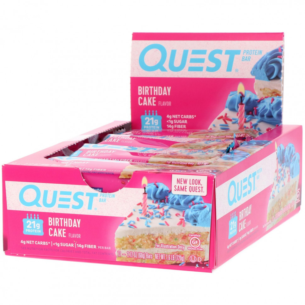   Quest Nutrition, Quest Protein Bar, Birthday Cake, 12 Pack, 2.12 oz (60 g) Each   -     , -  