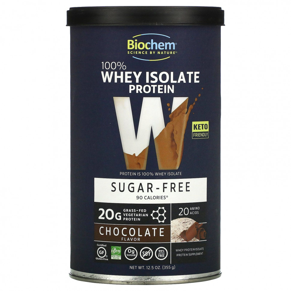   Biochem, 100% Whey Isolate Protein, Sugar Free, Chocolate Flavor, 12.5 oz (355 g)   -     , -  