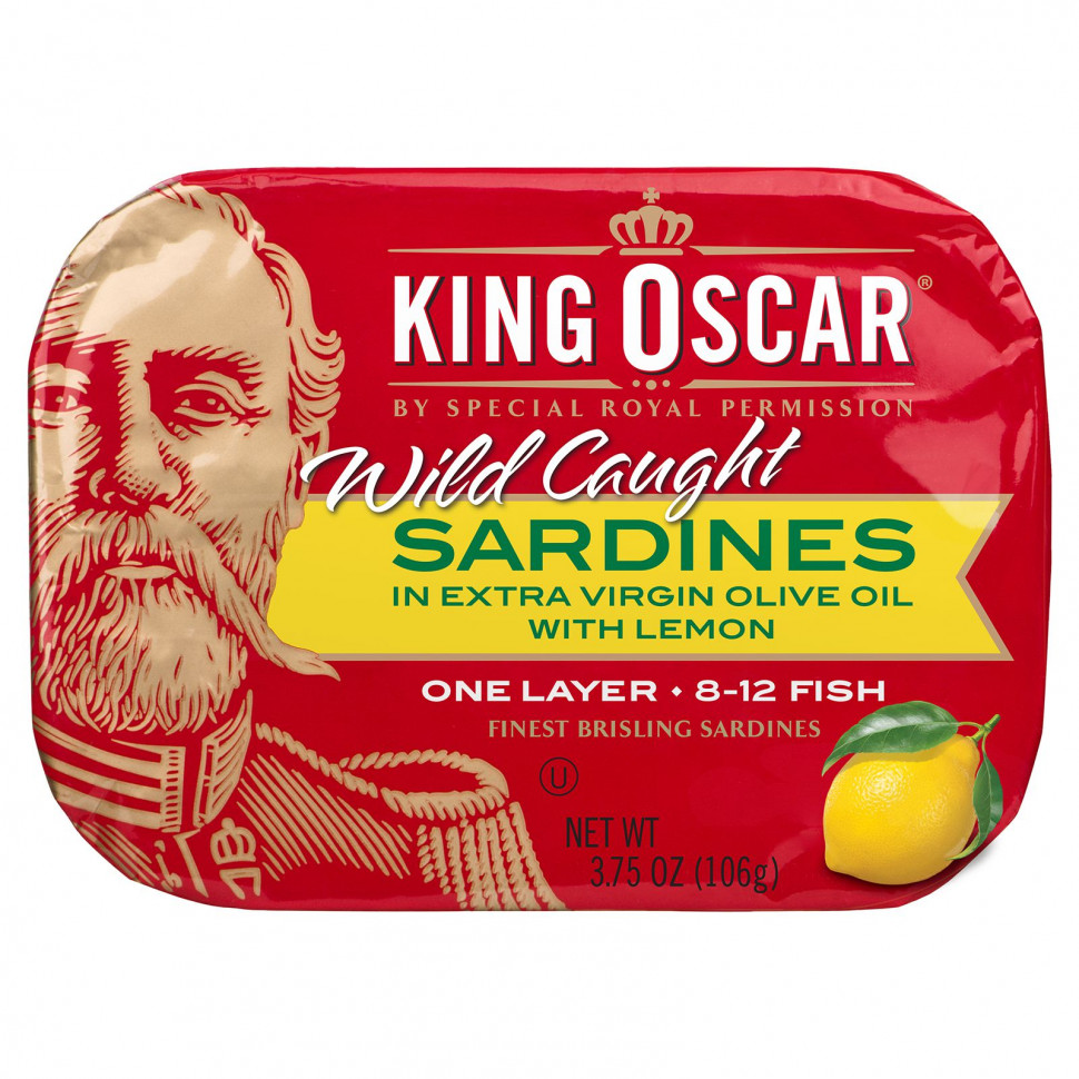   King Oscar, Wild Caught, Sardines In Extra Virgin Olive Oil With Lemon, 3.75 oz (106 g)   -     , -  