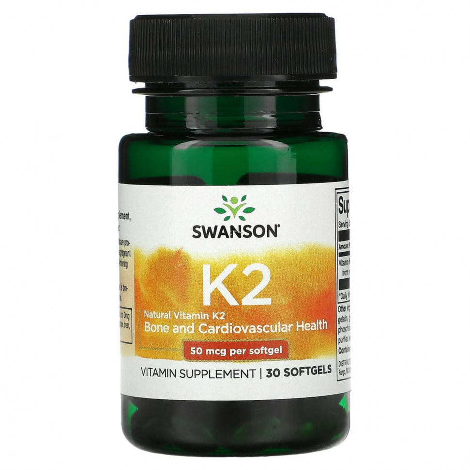   Swanson, Natural Vitamin K2, Bone and Cardiovascular, 50 mcg, 30 Softgels   -     , -,   