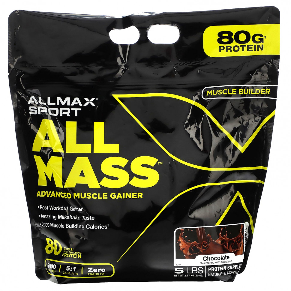   ALLMAX, Sport, All Mass, Advanced Muscle Gainer, Chocolate, 5 lbs, 2.27 kg (80 oz)   -     , -  