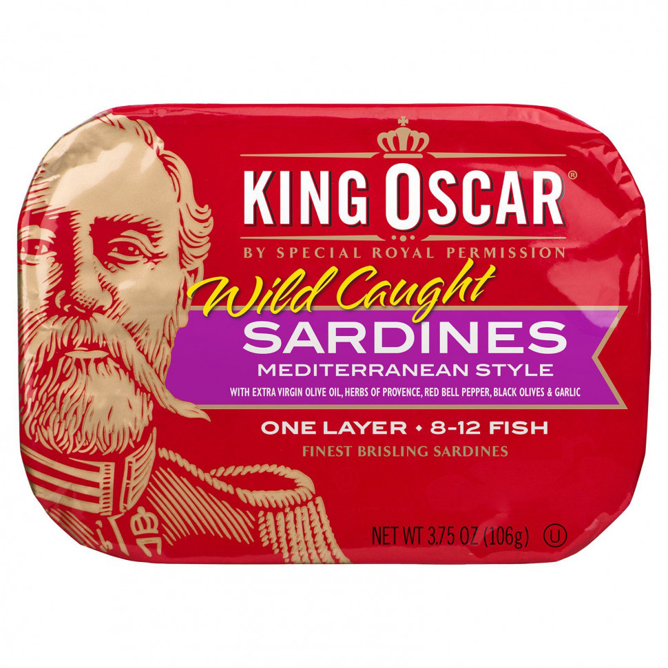   King Oscar, Wild Caught, Sardines Mediterranean Style, 3.75 oz ( 106 g)   -     , -  