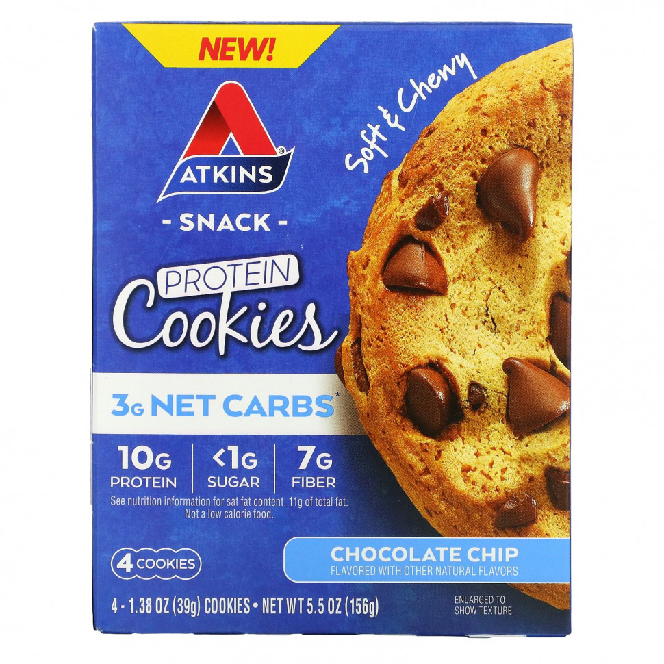   Atkins, Protein Cookies, Chocolate Chip, 4 Cookies, 1.38 oz (39 g) Each   -     , -  