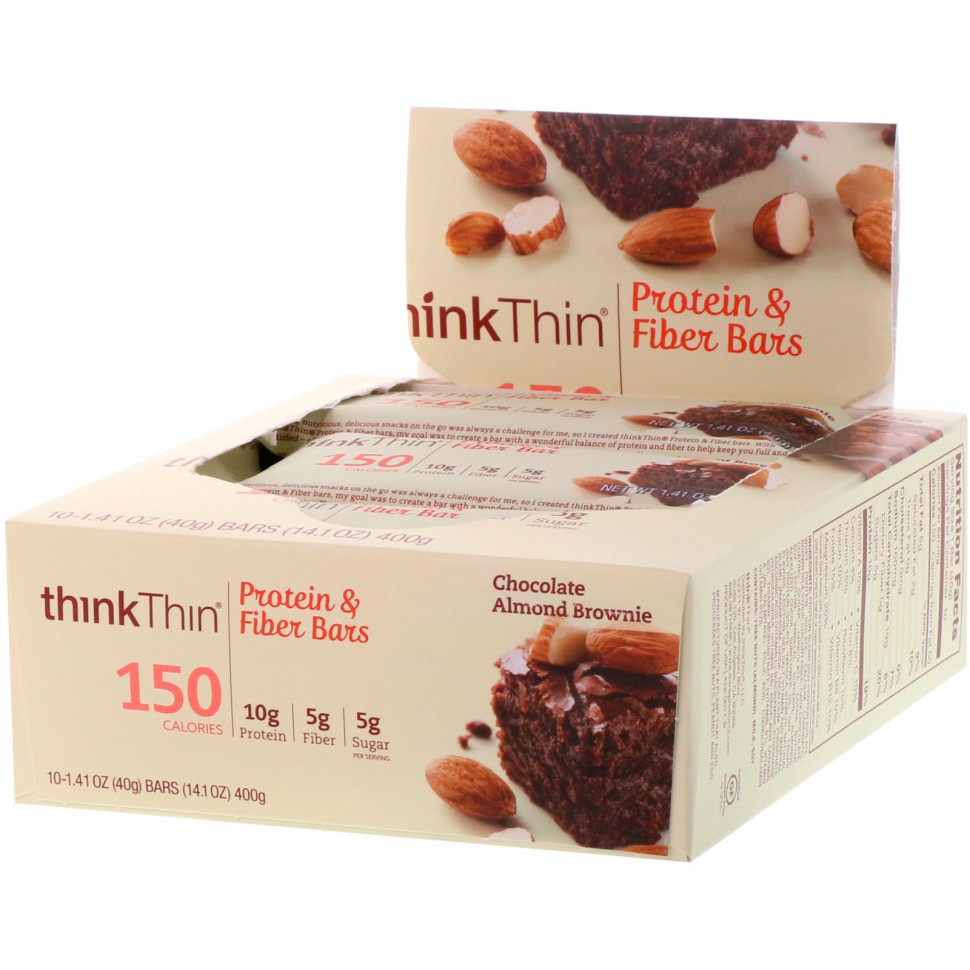   Think !, High Protein Bars, Chocolate Almond Brownie, 10 Bars, 1.41 oz (40g) Each   -     , -,   