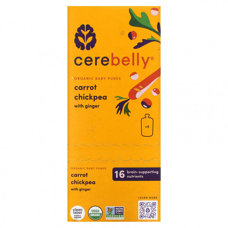   Cerebelly, Organic Baby Puree, Carrot Chickpea with Ginger, 6 Pouches, 4 oz (113 g) Each   -     , -  