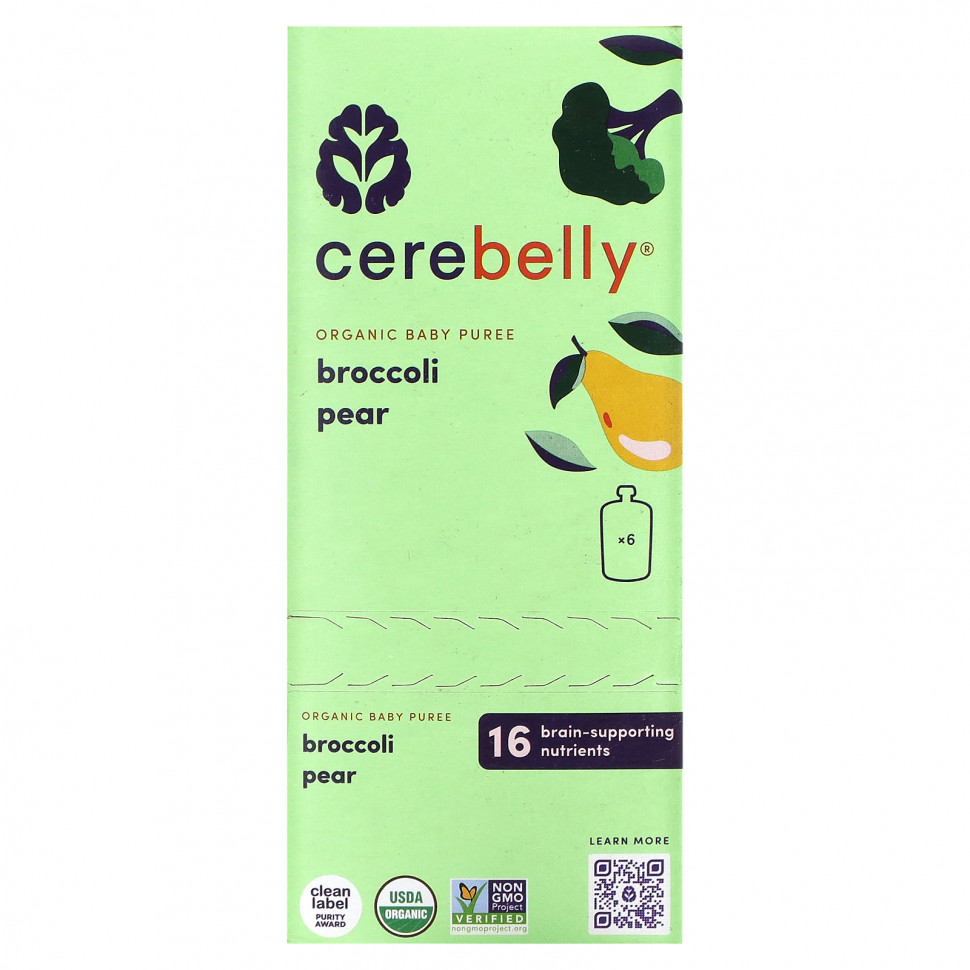   Cerebelly, Organic Baby Puree, Broccoli Pear, 6 Pouches, 4 oz (113 g) Each   -     , -  