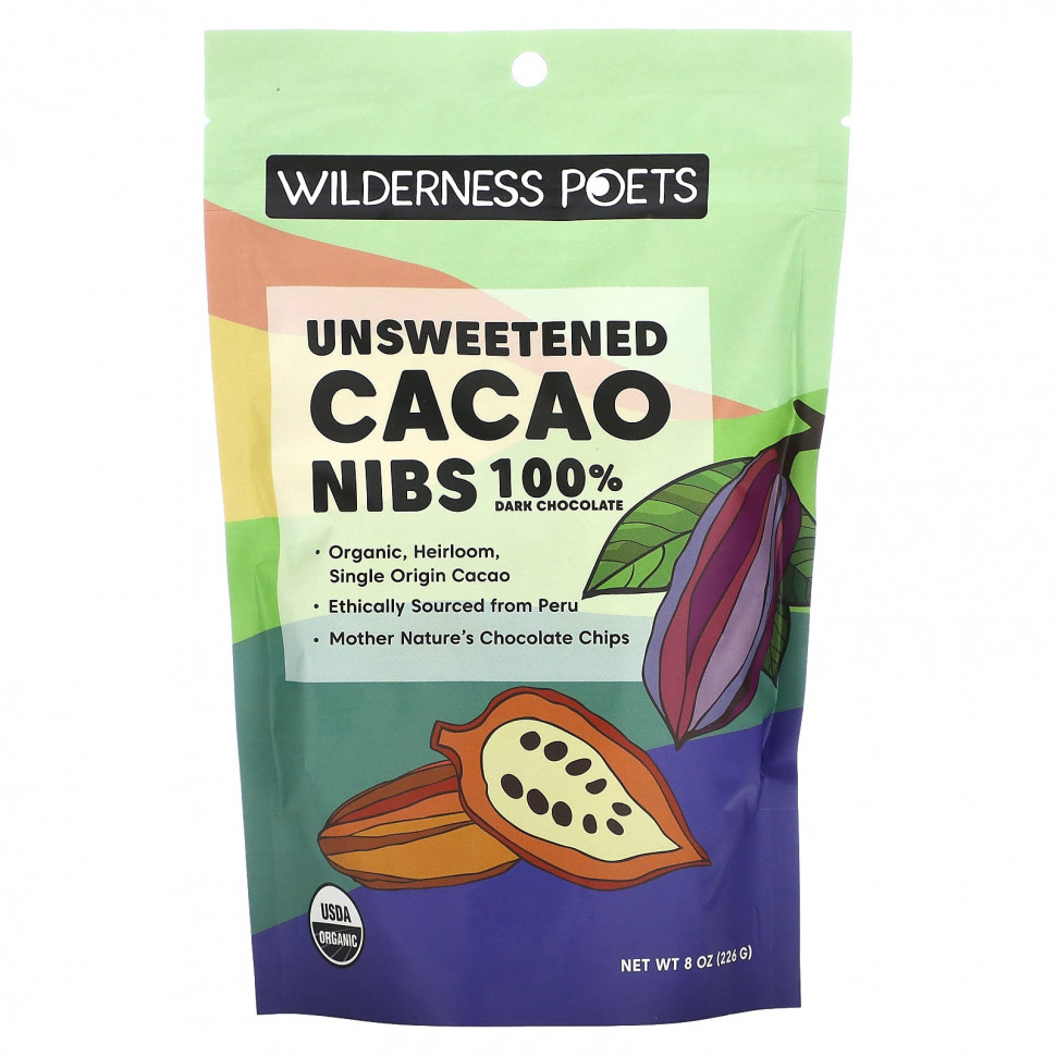   Wilderness Poets, Unsweetened Cacao Nibs, Dark Chocolate, 8 oz (226 g)   -     , -,   