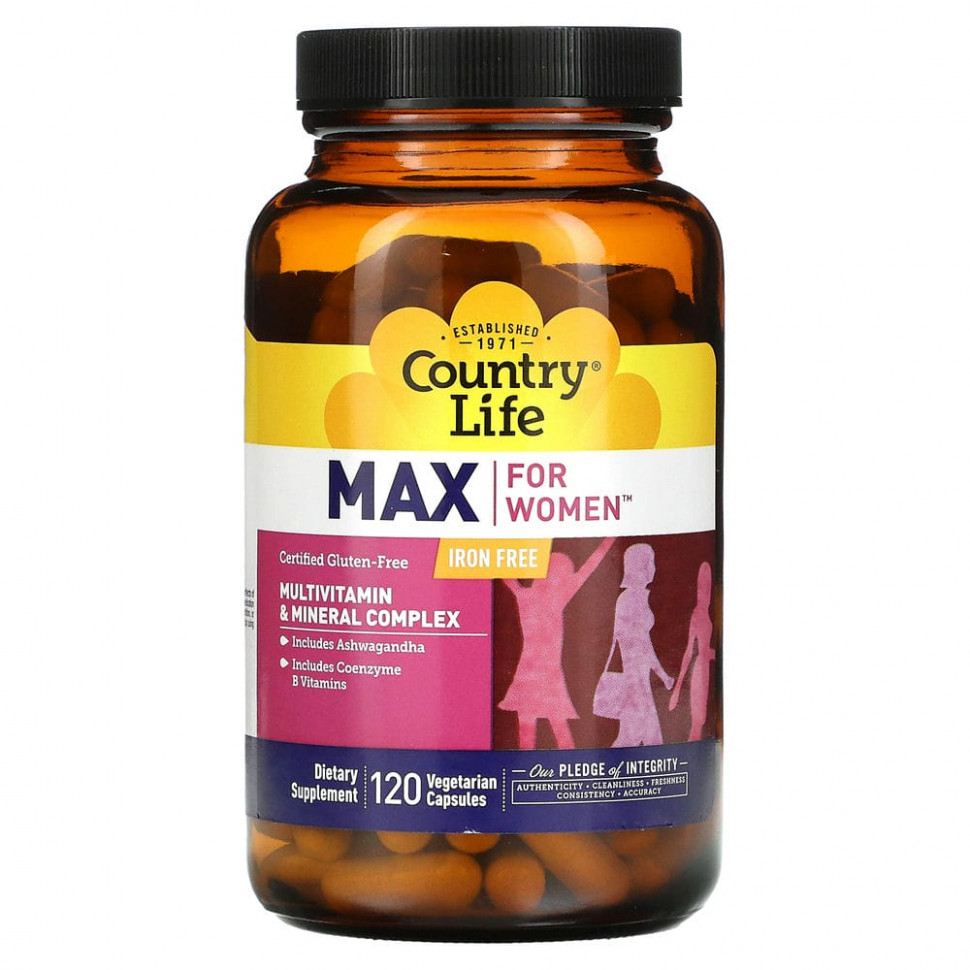  Country Life, Max for Women, Multivitamin & Mineral Complex, Iron Free, 120 Veggie Caps  IHerb ()