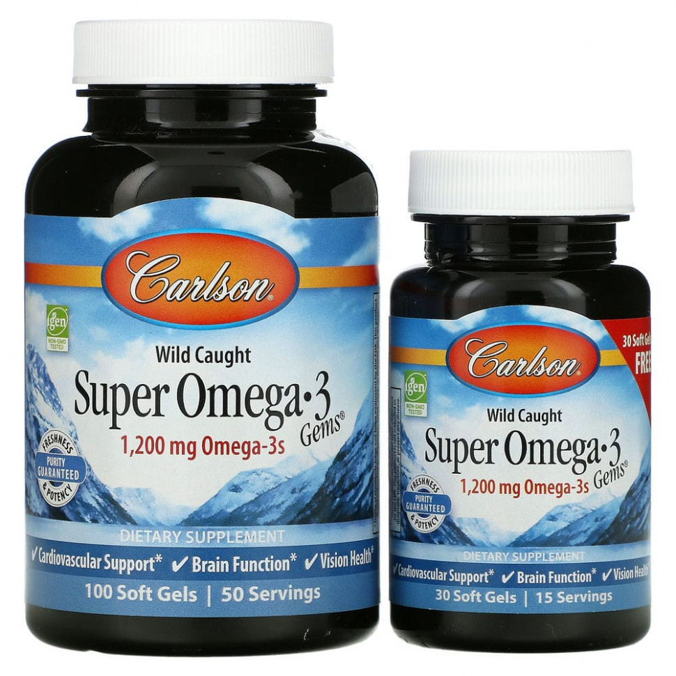   Carlson Labs, Wild Caught Super Omega-3 Gems,  -3   , 600 , 100  30    -     , -  