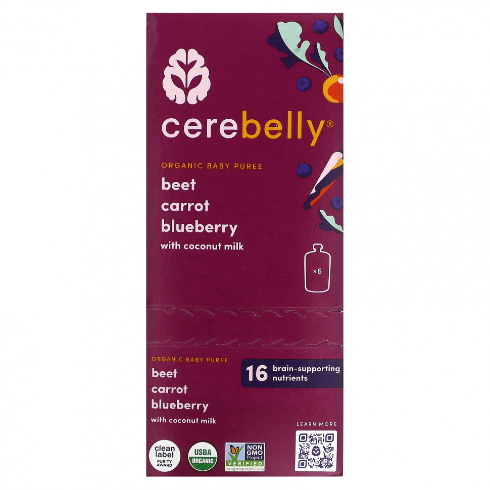   Cerebelly, Organic Baby Puree, Beet, Carrot, Blueberry With Coconut Milk, 6 Pouches, 4 oz (113 g) Each   -     , -  