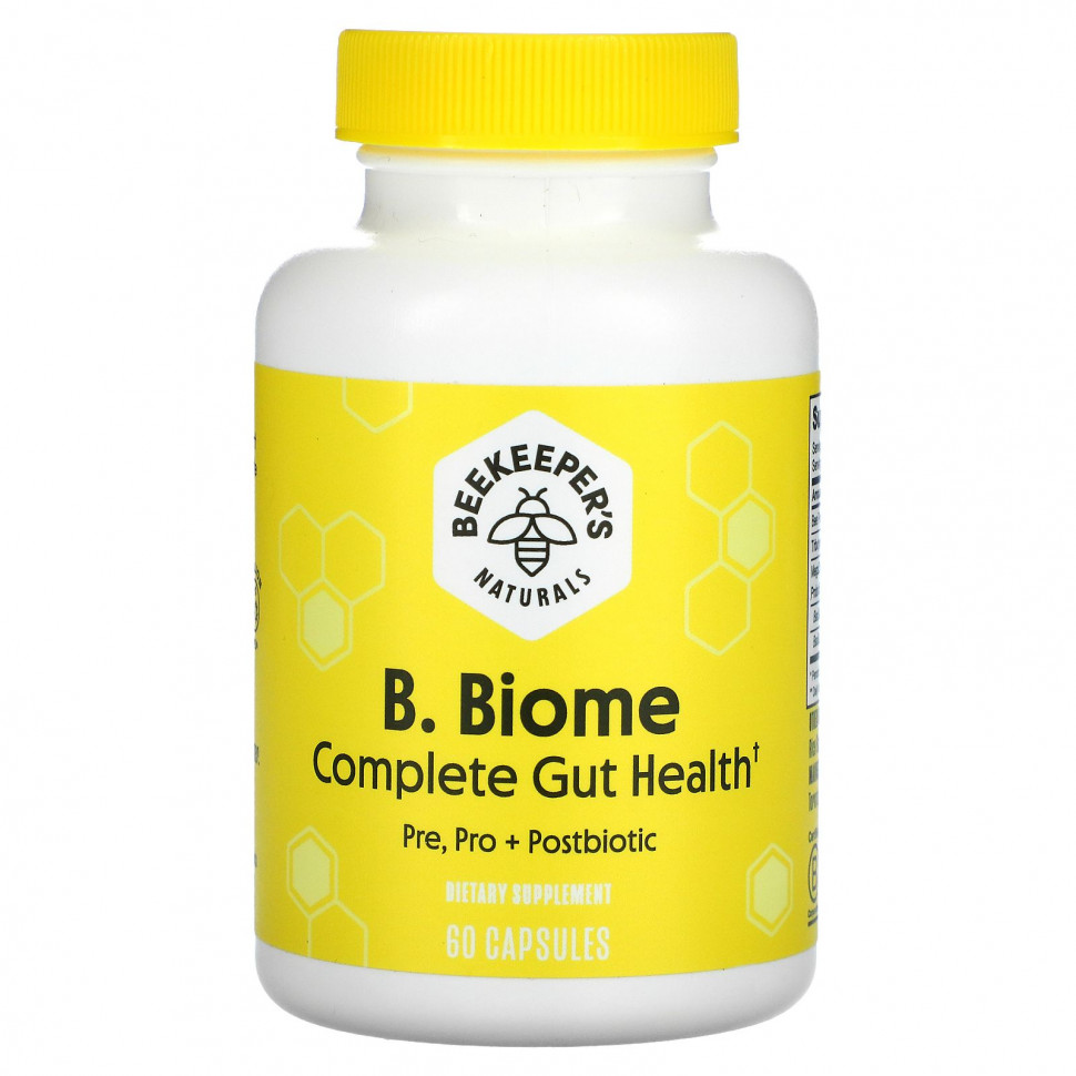   Beekeeper's Naturals, B. Biome Complete Gut Health, Pre, Pro + Postbiotic, 60 Capsules   -     , -  