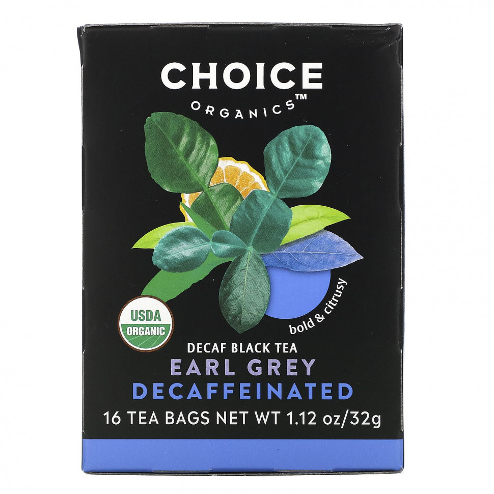   Choice Organic Teas, Black Tea, Organic Decaffeinated Earl Grey, Decaf, 16 Tea Bags, 1.12 oz (32 g)   -     , -  