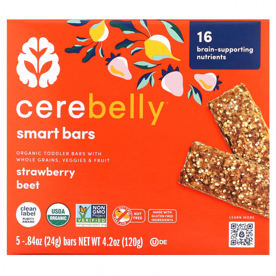  Cerebelly, Smart Bars, Organic Toddler Bars, Strawberry Beet, 5 Bars, 0.84 oz (24 g) Each  IHerb ()