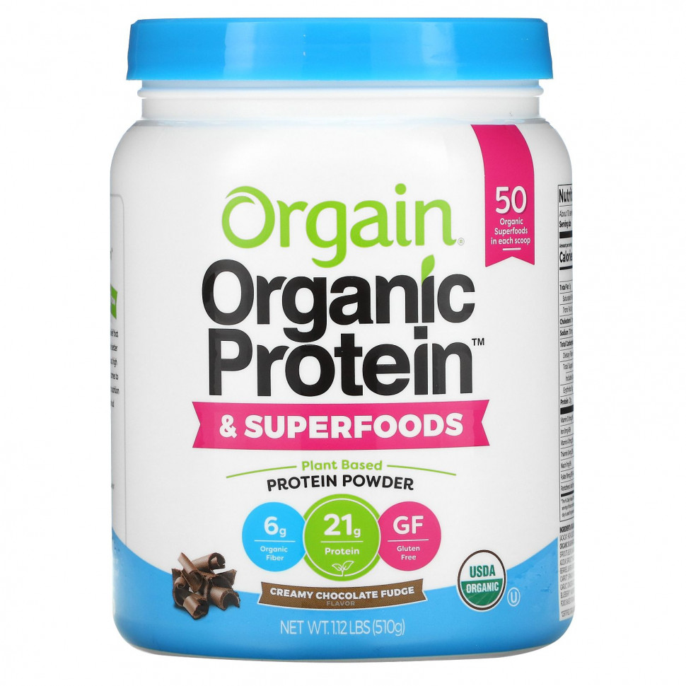   Orgain, Organic Protein & Superfoods Powder, Plant Based, Creamy Chocolate Fudge, 1.12 lb (510 g)   -     , -  