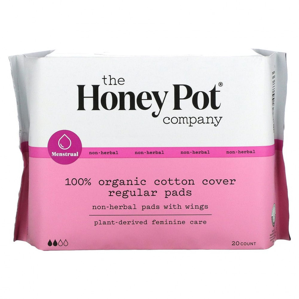   The Honey Pot Company, Organic Regular Non-Herbal Pads With Wings, 20 Count   -     , -  