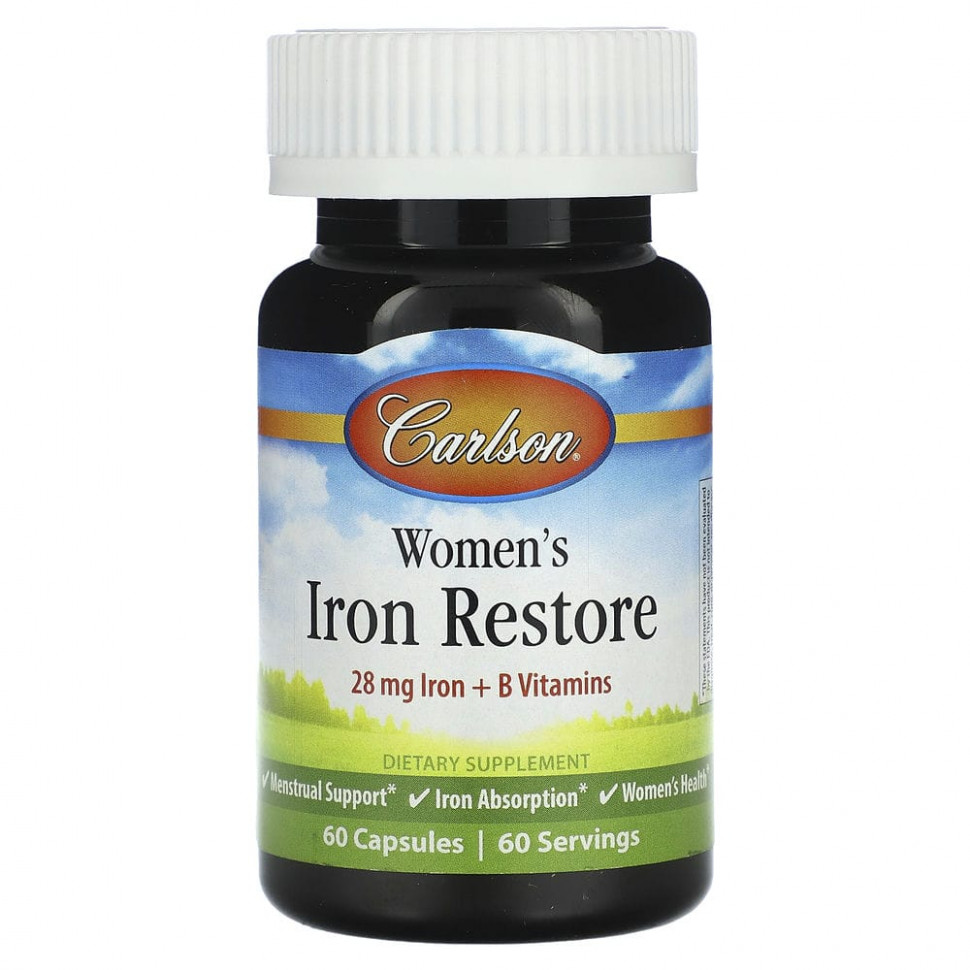   Carlson, Womens Iron Restore, 28 mg Iron + B Vitamins, 60 Capsules   -     , -  