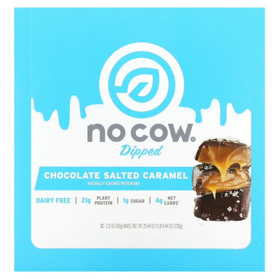   No Cow, Dipped Protein Bar, Chocolate Salted Caramel, 12 Bars, 2.12 oz (60 g) Each   -     , -  