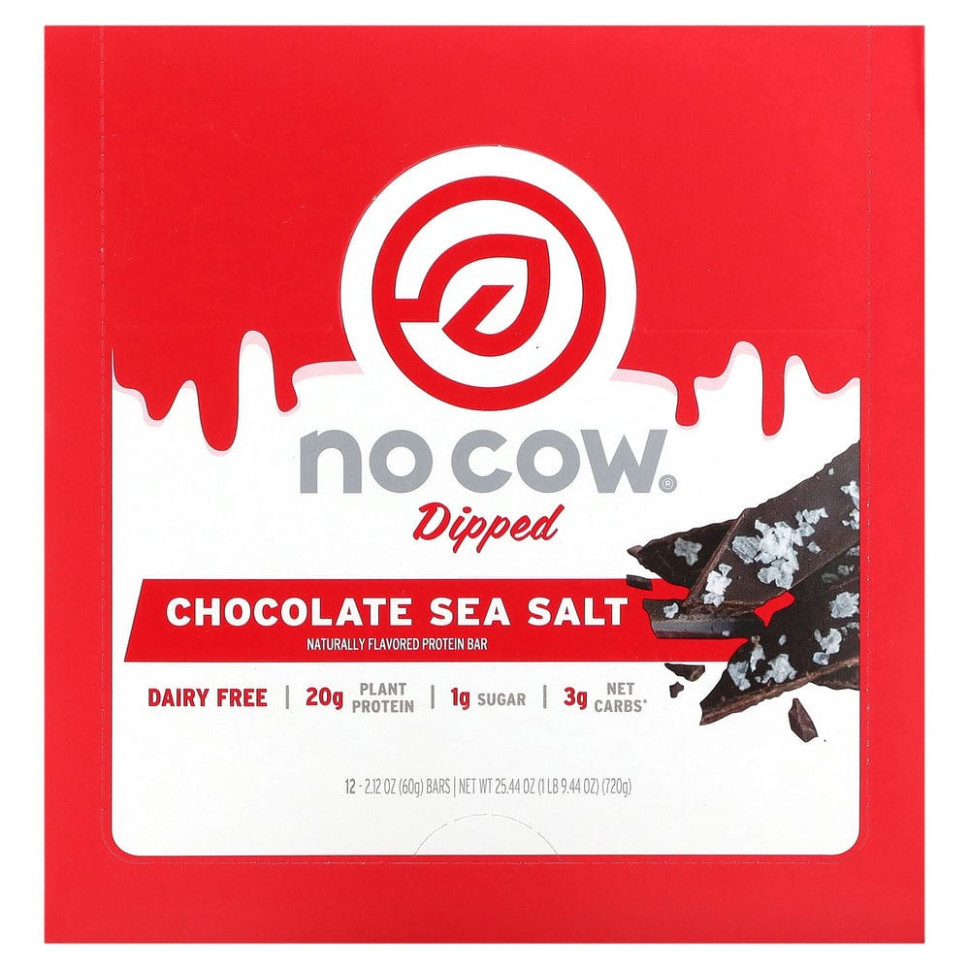   No Cow, Dipped Protein Bar, Chocolate Sea Salt, 12 Bars, 2.12 oz (60 g) Each   -     , -  